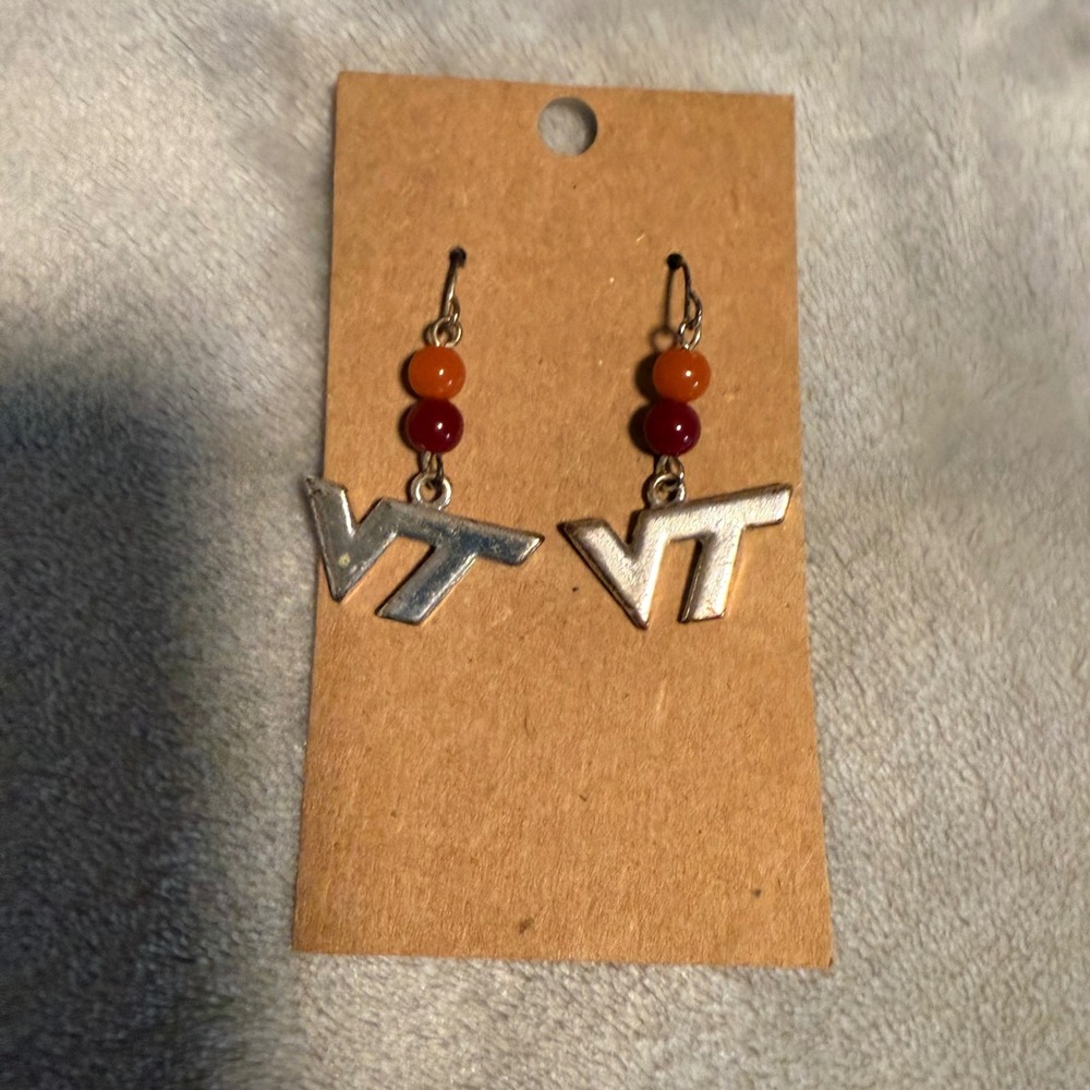 Virginia Tech VT Logo Beaded Dangle Earrings Maroon & Orange Team Colors Game